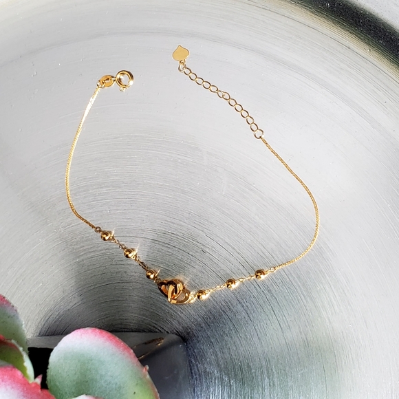 Authentic Real 18k Solid Yellow Gold Double Heart Beaded Bracelet - Picture 8 of 10